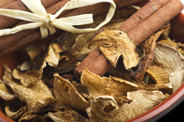 cinnamon sticks and dried porcini mushrooms in jar