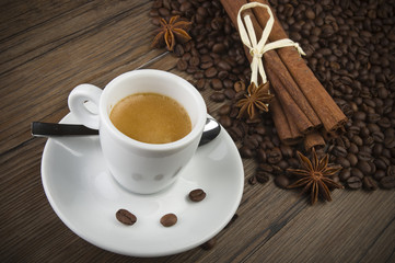 cup of coffee with cinnamon sticks and anise