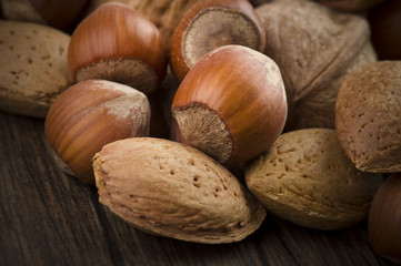 Nuts mix close up on the wood table