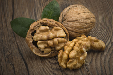Walnuts group close up on the wooden table