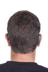young deaf or hearing impaired man with cochlear implant and hea
