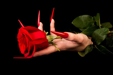 Human fingers with long fingernail  manicure isolated on black