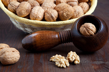 Walnuts and nutcracker close-up