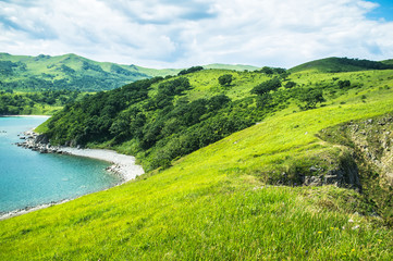 landscape with hills, mountains, trees, grass on the beach.