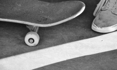 skateboard close up with sneaker trainer shoe and shadows background copy space