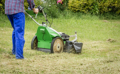 Obraz premium Young man mowing the lawn with a lawnmower