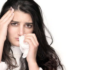 Sick Young Woman with Flu or Allergy over White Background