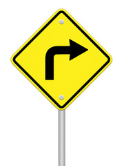 Turn right traffic sign on white background