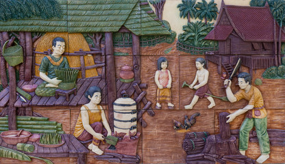 Life stlye of ancestor of thai people on tile