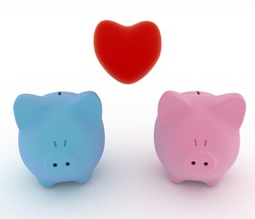 Two piggy-bank with heart. 3d illustration on white