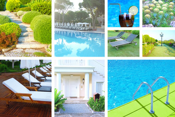 Collage with different photos of luxury touristic hotel