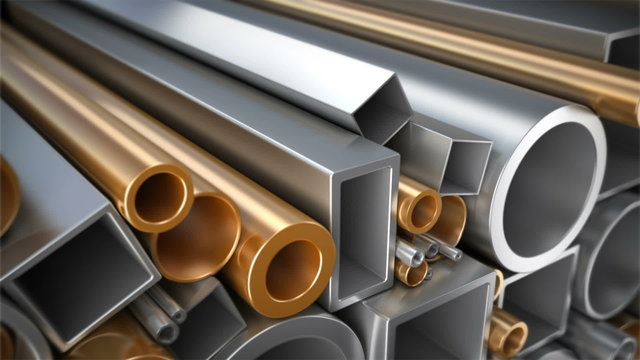 Different steel, copper and aluminum pipes.