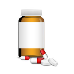 An empty glass bottle with capsules and pills , illustration