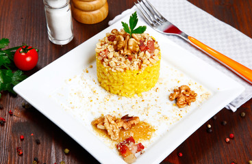 risotto with walnuts, saffron, speck