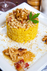 risotto with walnuts, saffron, speck