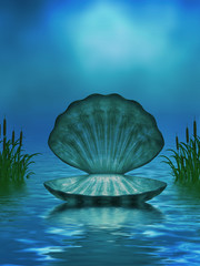 Ocean Background with Seashell and Cattails