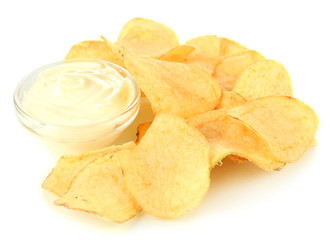 Potato chips and sauce, isolated on white