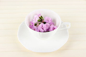 Many small pink cloves in cup on wooden background