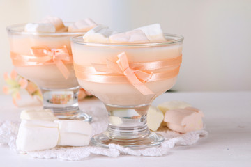 Tasty yogurt with marshmallows, close up