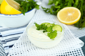 Cucumber yogurt in glass bowl,
