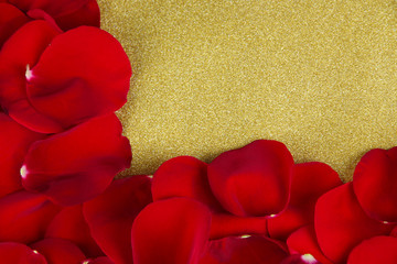 Frame of rose petals on golden background close-up