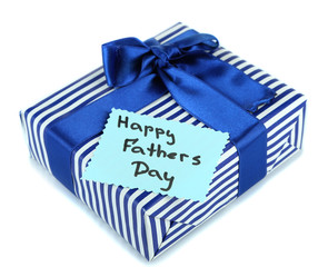 Happy Fathers Day tag with gift box, isolated on white