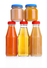 Baby food in glass jars, isolated on white