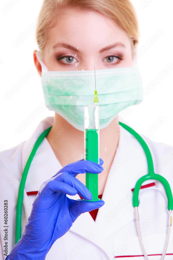 Poster woman in mask and lab coat. doctor nurse with syringe.