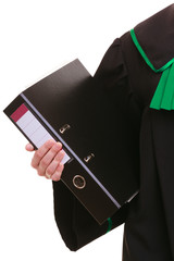 female lawyer attorney wearing classic polish black green gown