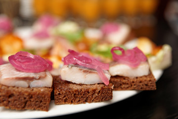 Herring canapes in plate, close-up