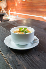 Thai old Style Steam egg with pork crackling