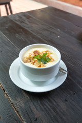 Thai old Style Steam egg with pork crackling