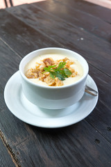 Thai old Style Steam egg with pork crackling