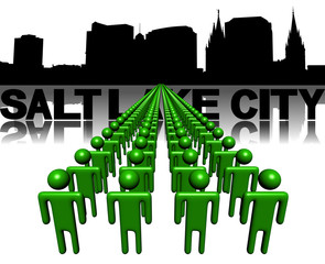 Lines of people with Salt Lake City skyline illustration