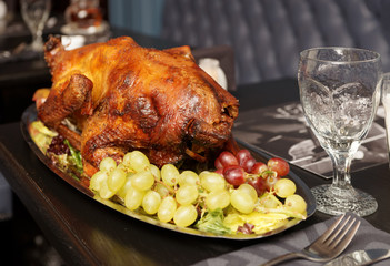 Roasted turkey on restaurant table