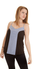 woman blue black top look side