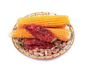 Food corn popcorn and pinto beans,red chilli peppers