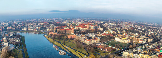 Fototapeta Cracow skyline with aerial view of historic royal Wawel Castle a obraz