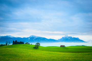 green meadow hill landscape with hut, tree and mountains