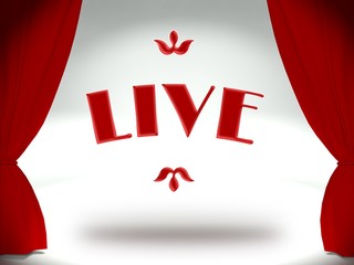 Live show on theater stage, red curtains