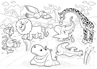 Deurstickers African animals in the jungle in black and white. © ddraw