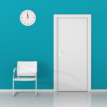 A wall clock and white chair in the waiting room