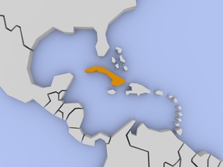 Three-dimensional map of Cuba isolated on background in 3D