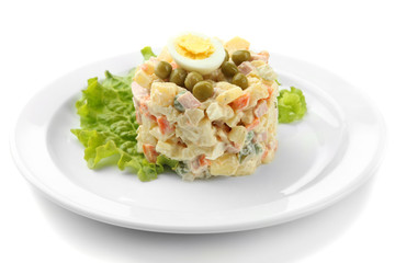 Russian traditional salad Olivier, isolated on white
