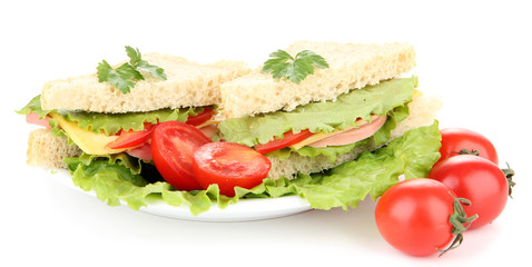 Fresh and tasty sandwiches on plate isolated on white