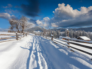 Sunny landscape in the mountain village