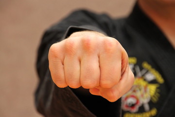 Faust, Oi Tsuki im Karate und Kempo, Mann mit Karateanzug beim Training, Close up