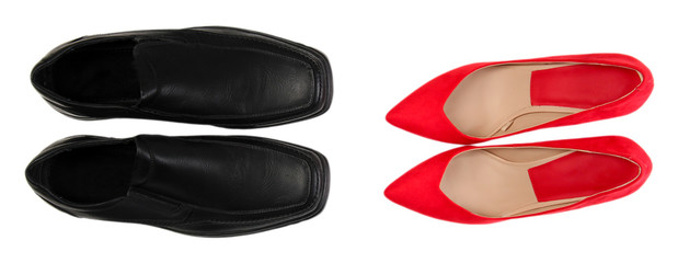 Beautiful female and male shoes, isolated on white