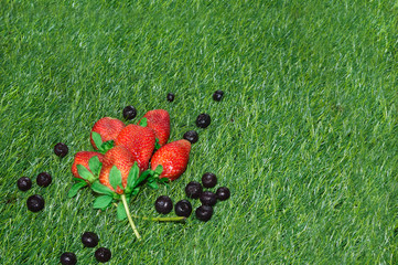 Blueberries and strawberries on green grass