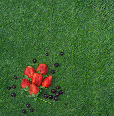 Blueberries and strawberries on green grass